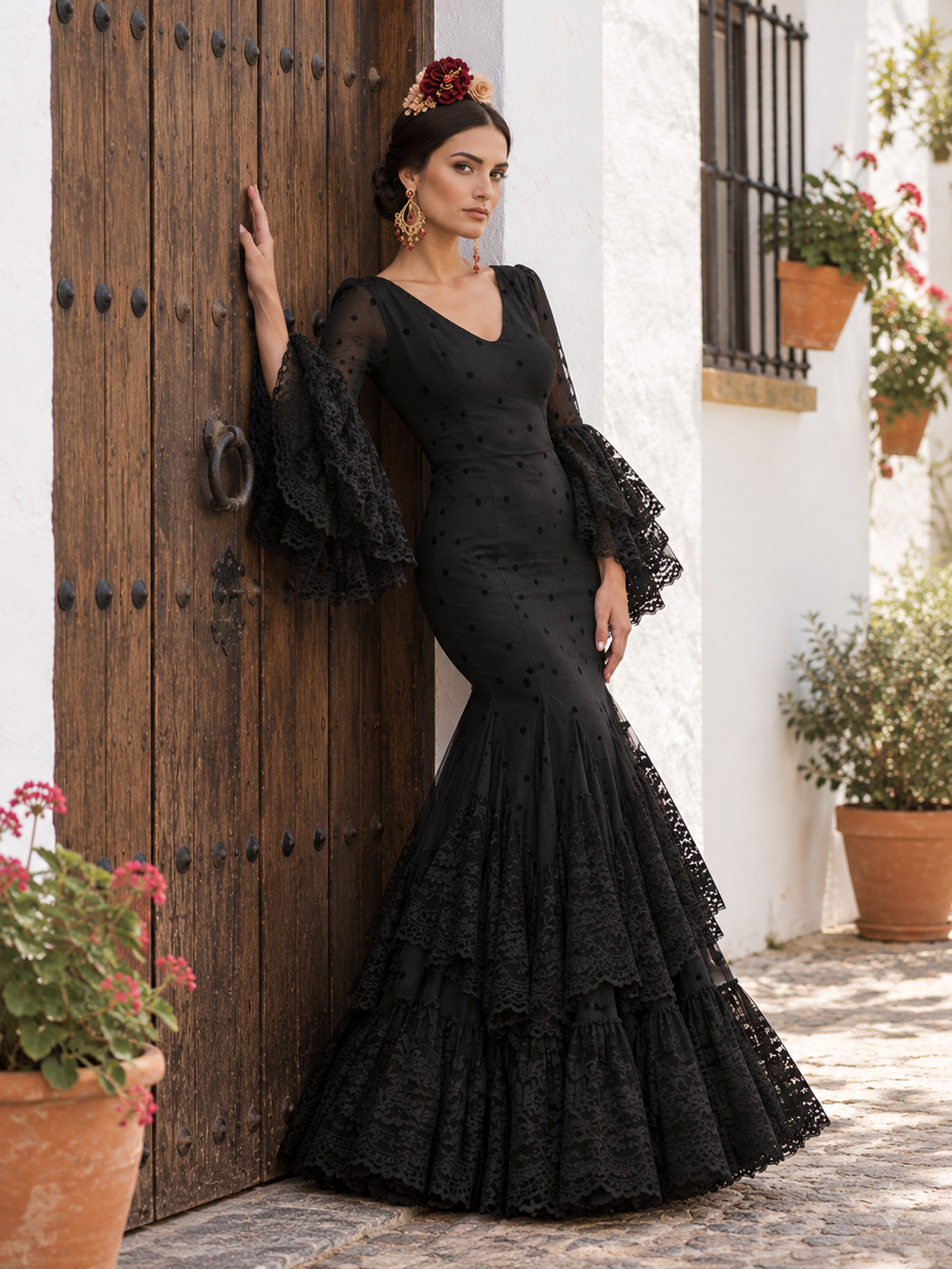 Modelo Ébano de Isabel Hernández, traje de flamenca negro con mangas de tul y volantes de encaje