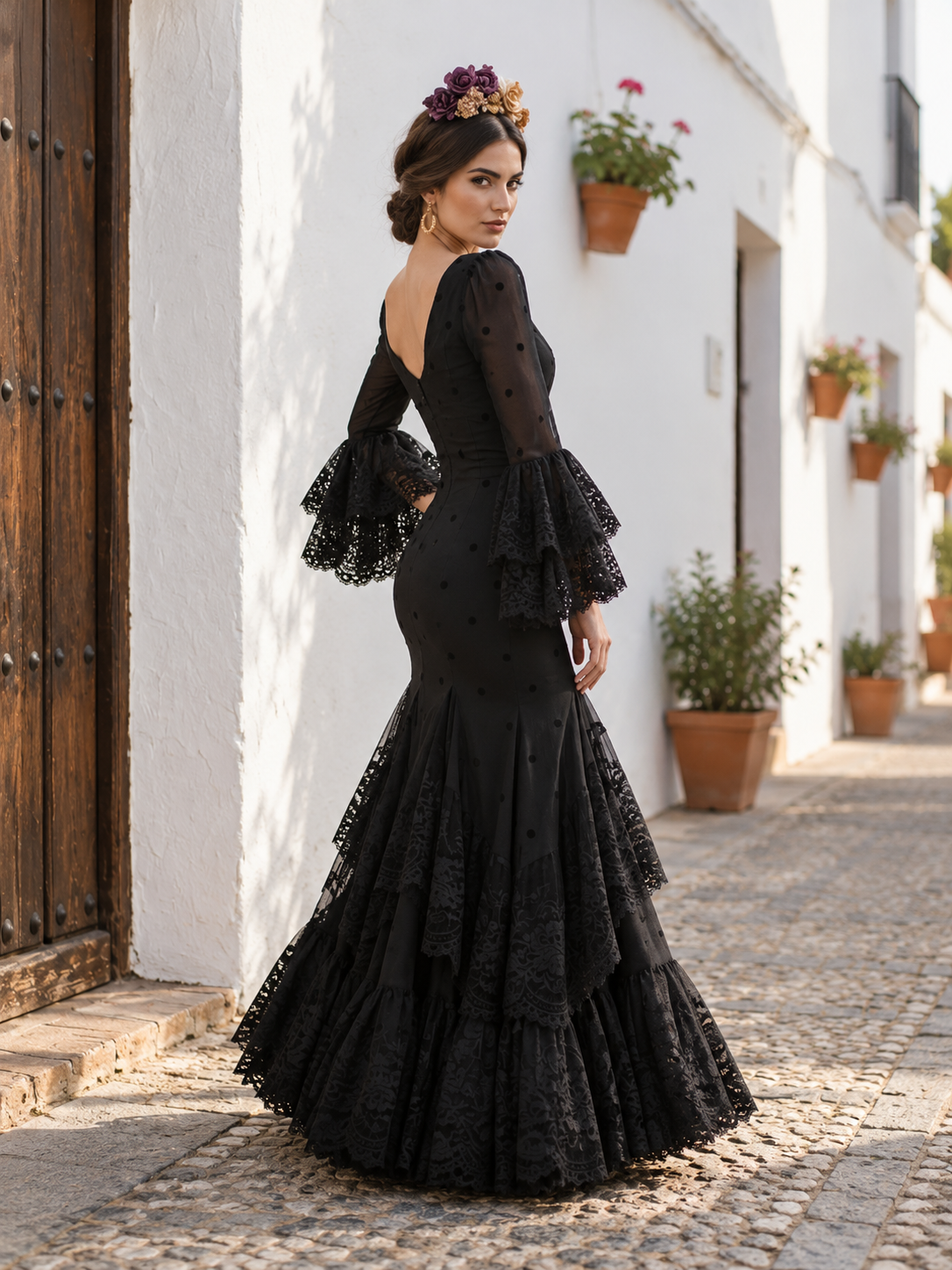 Espalda del traje de flamenca Modelo Ébano con escote en pico y falda de volantes de encaje