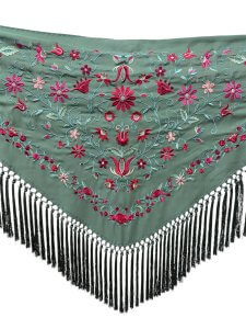 Mantón verde caza bordado multicolor - Mantón bordado | Isabel Hernández